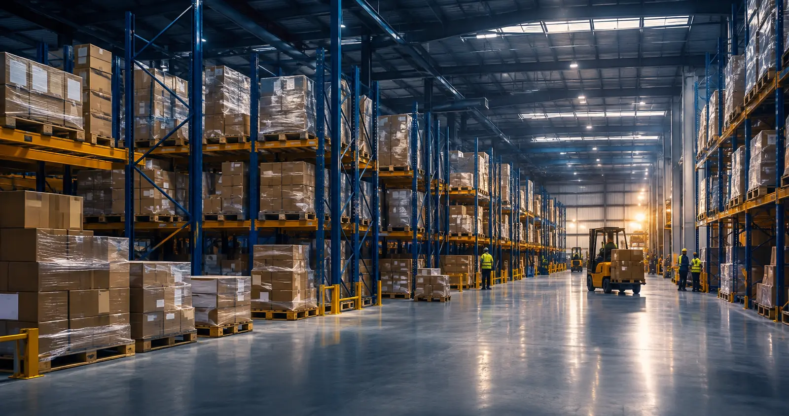 Organized logistics warehouse with palletized cargo ready for consolidation